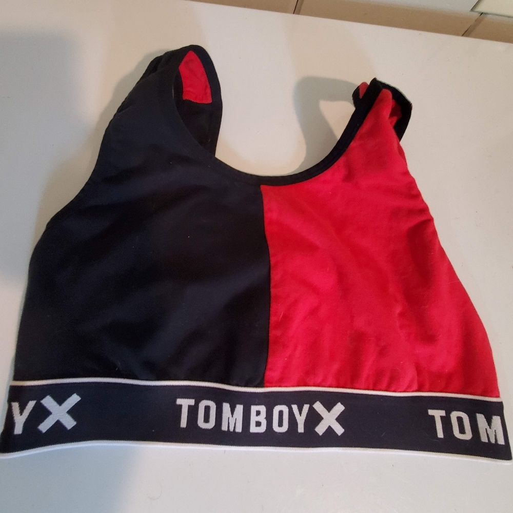 Red and black TomboyX sports bra